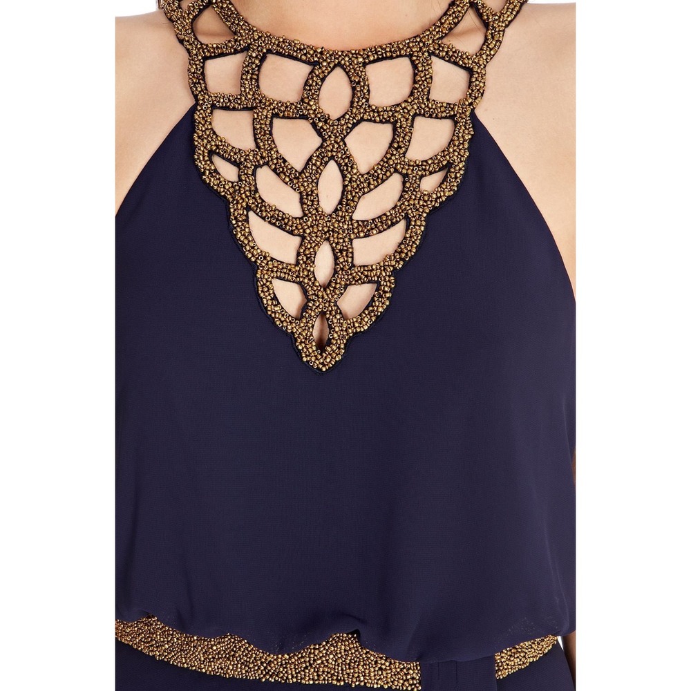 Coast Navy Blue Beaded Halter Neck‎ Maxi Dress with Gold Trim Slit Formal Gown 4